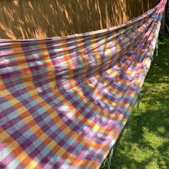 handmade colourful hammock check gingham plaid tartan purple orange blue cotton - Picture 4 of 9